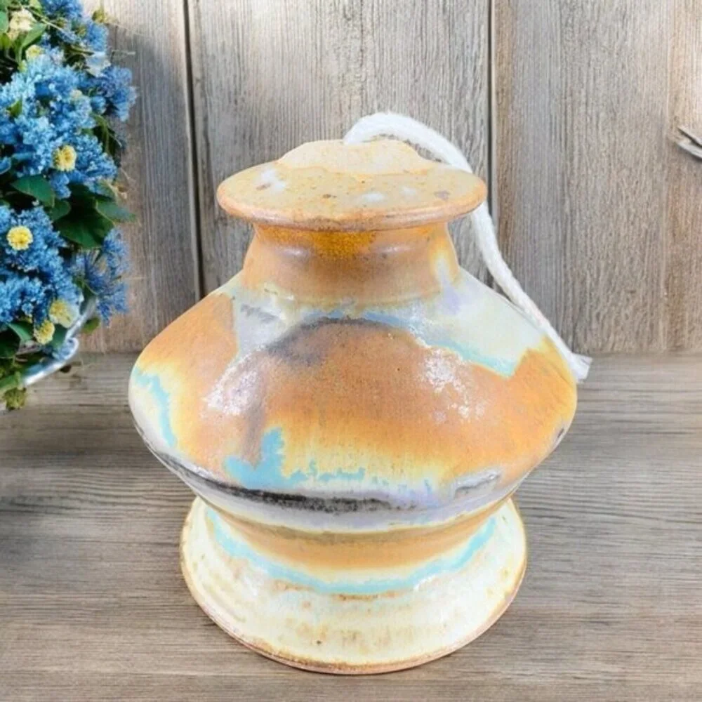 Vintage Hand Made Studio Pottery Oil Lamp Stoneware New Artist‎ Signed Pottery